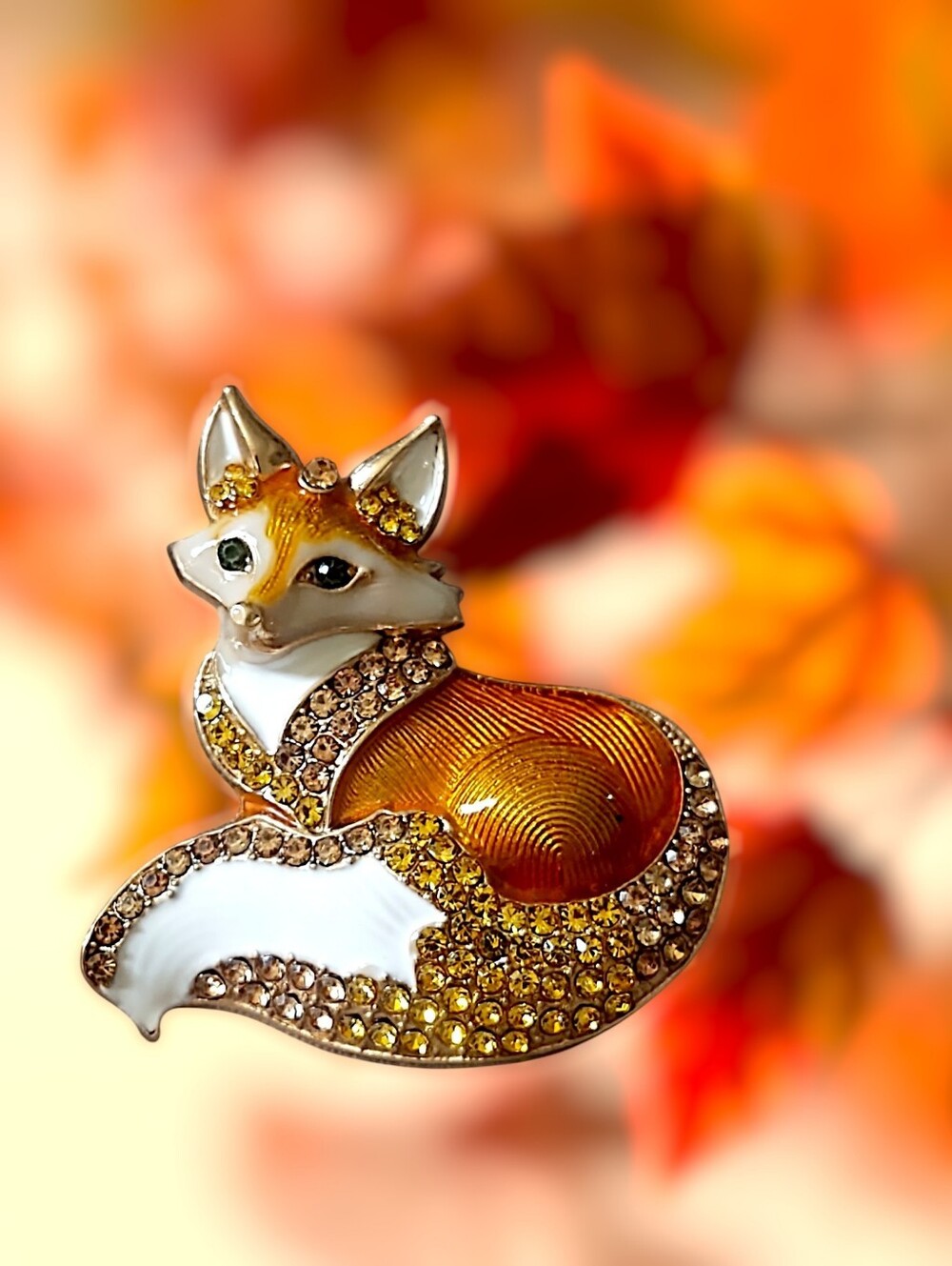 Decorative Enamel And Rhinestone Fox Brooch